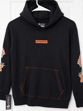 ethika Black Hoodie with Orange Logo and Floral Sleeve Accents